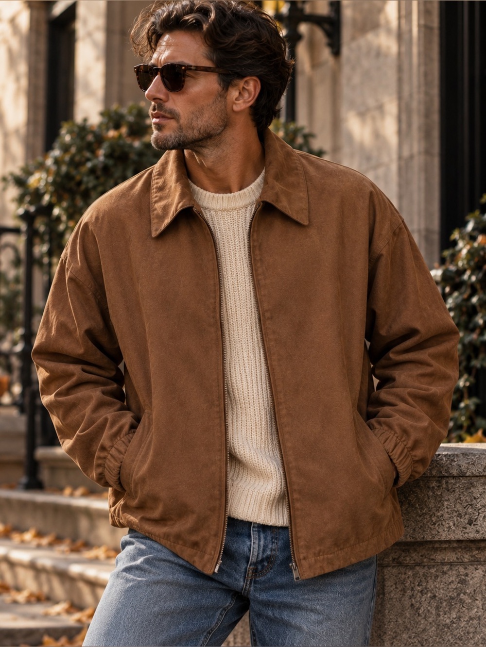 Men's Brown Faux Suede Zip Jacket - Gary Player